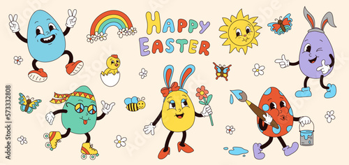 Set retro groovy easter eggs characters in trendy cartoon 60s 70s style. Old classic cartoon style. Flat vector hand drawn illustration.