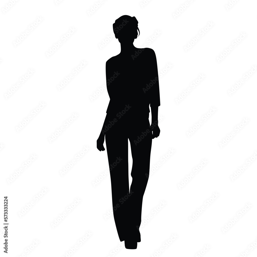 Obraz premium Silhouette of a standing woman in wide jeans, business people, vector illustration, black, isolated on a white background