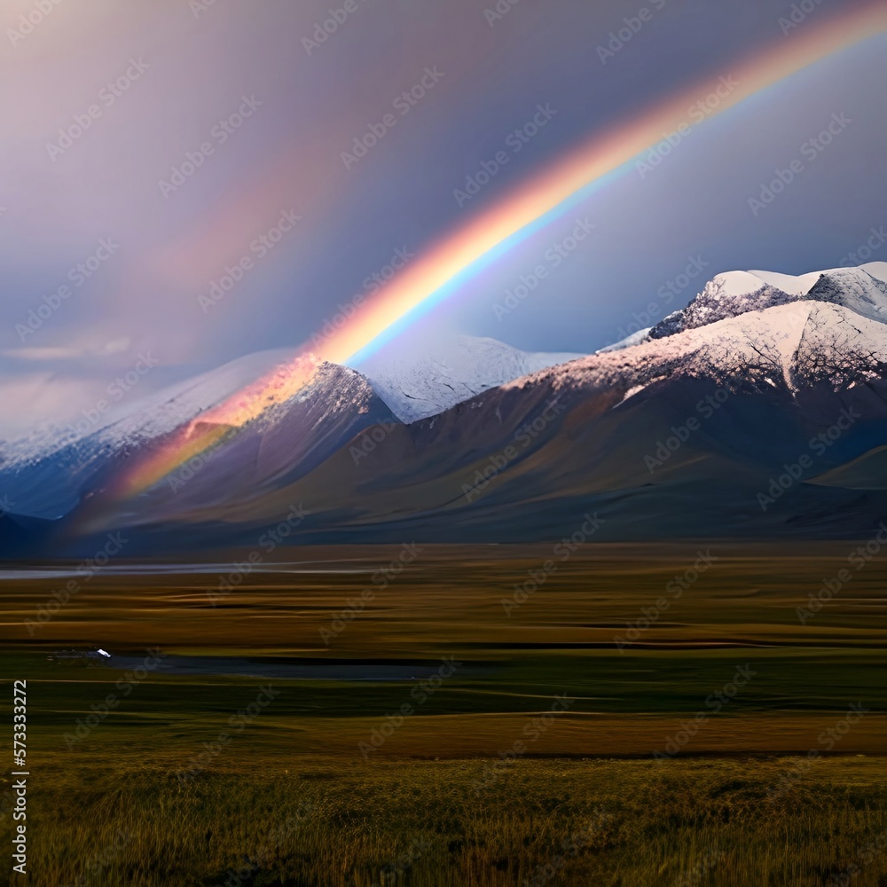 a dreamy, ethereal landscape with a misty mountain range in the distance and a rainbow in the sky. Ai generated illustration