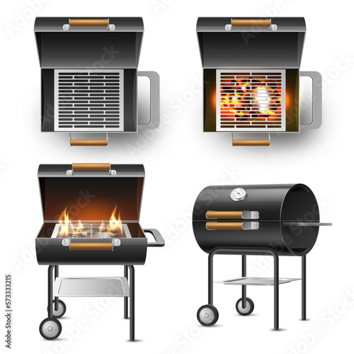 Realistic barbecue grill. Modern cylindrical outdoor grill in different angles view, open, closed lid, burning coals, cooking equipment with rack, utter vector 3d isolated set