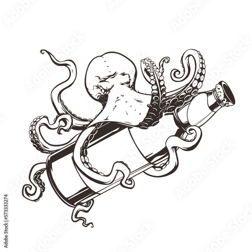 Concept Octopus wrapped around a bottle of beer, printable image. Vector clipart