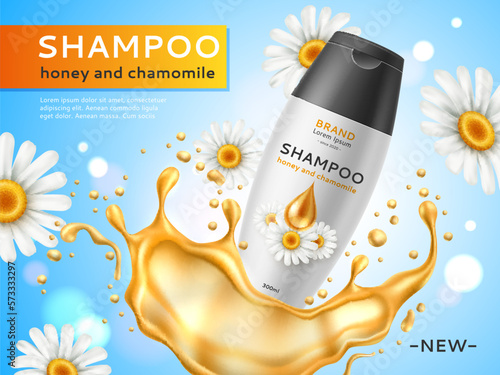 Realistic honey cosmetic poster. Natural chamomile shampoo bottle, plastic packaging, yellow splash, flying daisy flowers, hair care promo advertising banner, 3d elements utter vector concept
