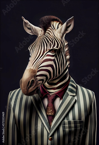 Fashionable zebra in shirt and black and white striped suit  generative AI digital art.
