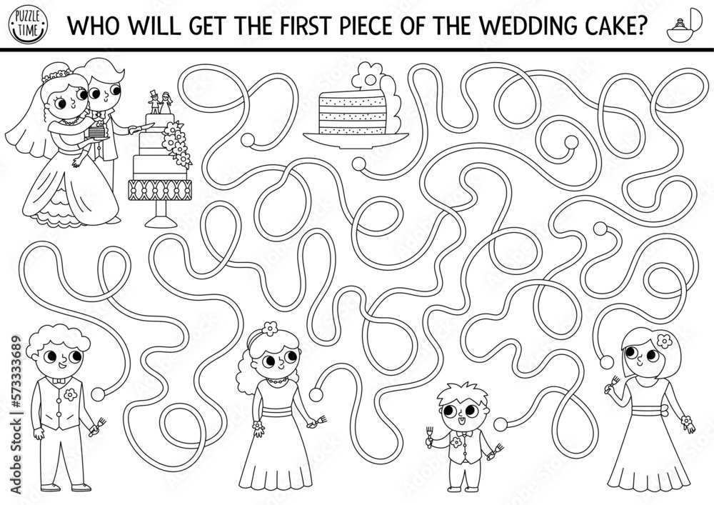 Wedding black and white maze for kids with bride and groom cutting the cake. Marriage ceremony preschool printable activity, coloring page. Matrimonial labyrinth game with guests.