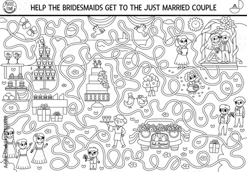 Wedding black and white maze for kids with bride, groom, cake, bridesmaids. Preschool printable activity with marriage ceremony scene. Matrimonial labyrinth coloring page.