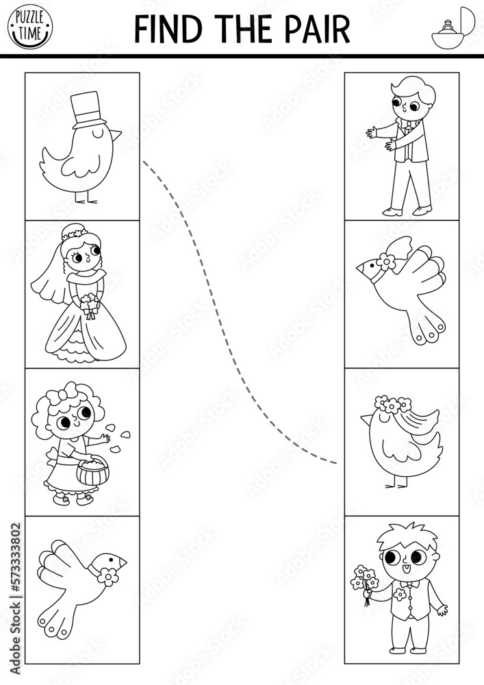 Wedding matching activity. Fun black and white puzzle or coloring page ...