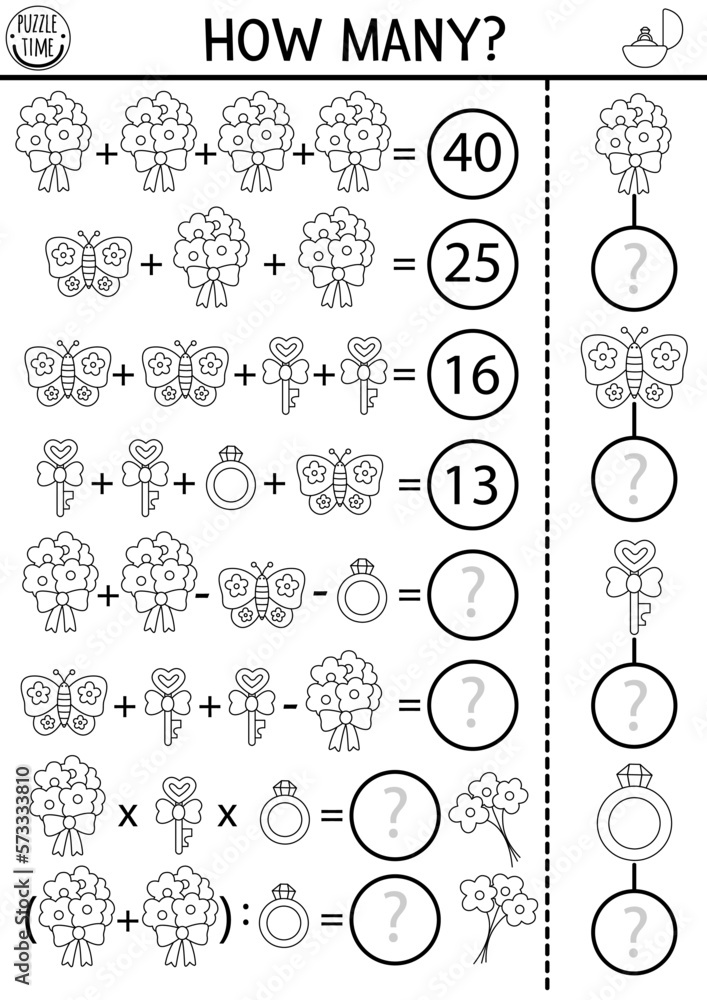 Fototapeta premium How many flowers game, equation or rebus with cute bouquets. Wedding black and white math activity or coloring page. Marriage ceremony printable counting worksheet for kids with butterfly, ring.