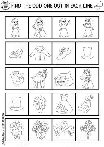 Find the odd one out. Wedding black and white logical activity for children. Marriage educational quiz worksheet for kids. Simple printable game or coloring page with cute bride and groom.