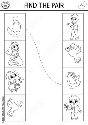 Wedding matching activity. Fun black and white puzzle or coloring page with cute just married couples. Marriage ceremony educational game, printable worksheet for kids. Find the pair.
