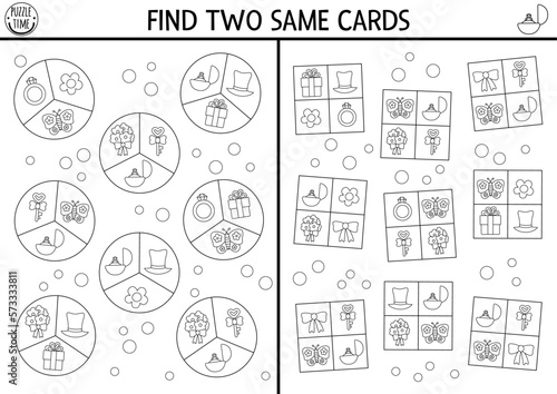 Find two same cards with wedding objects. Marriage ceremony black and white matching activity for children. Educational line coloring page for kids. Simple line printable game with ring, gift.