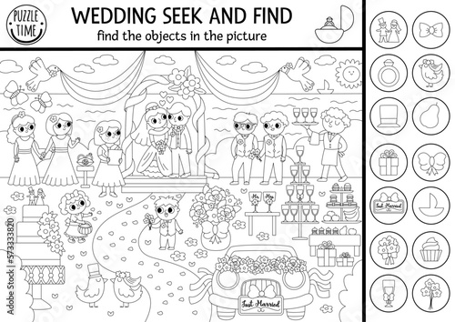 Vector wedding black and white searching game with marriage scene. Spot hidden objects in the picture. Seek and find printable activity or coloring page for kids with cute bride  groom  guests.