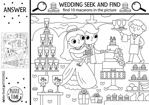 Vector black and white wedding searching game with marriage ceremony scene. Spot hidden macarons. Seek and find line educational printable activity or coloring page with cute bride, groom, cake.