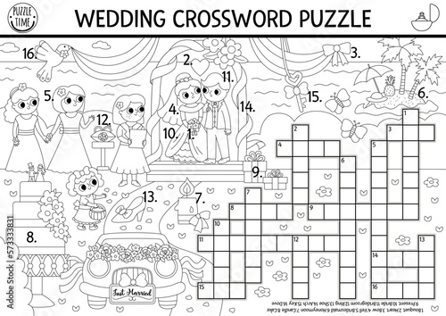 Vector black and white wedding crossword puzzle for kids. Simple line quiz with marriage landscape. Coloring page or activity with bride, groom, cake. Cute cross word with holiday scene.