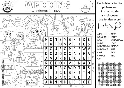 Vector black and white wedding wordsearch puzzle for kids. Word search quiz with marriage ceremony landscape coloring page. Educational activity or cross word with bride, groom, guests, cake.