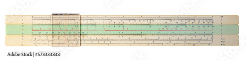 Logarithmic slide rule for performing complex mathematical calculations on an isolated background. photo