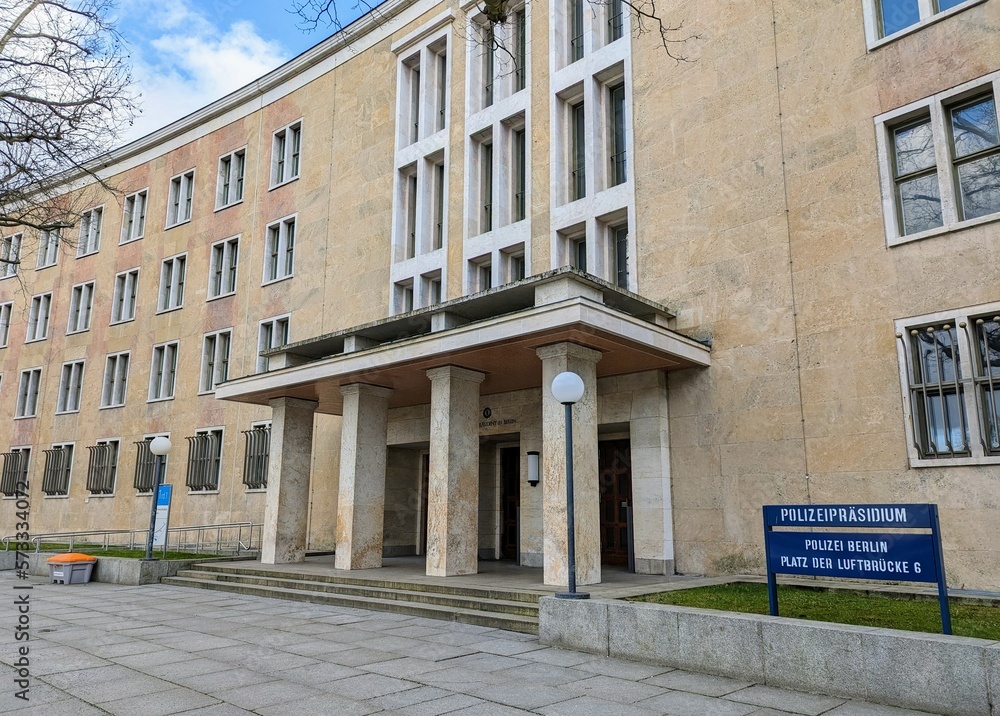 Entrance of the Berlin Police Headquarters at the Platz der Luftbrücke in the building complex of the former Tempelhof Airport Entrance of the Berlin Police Headquarters at the Platz der Luftbrücke in the building complex of the former Tempelhof Airport
