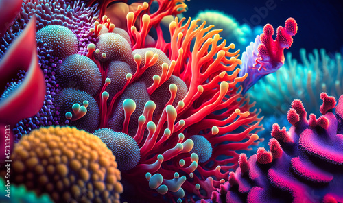 The vibrant colors and textures of a coral reef, highlighting the diversity of marine life