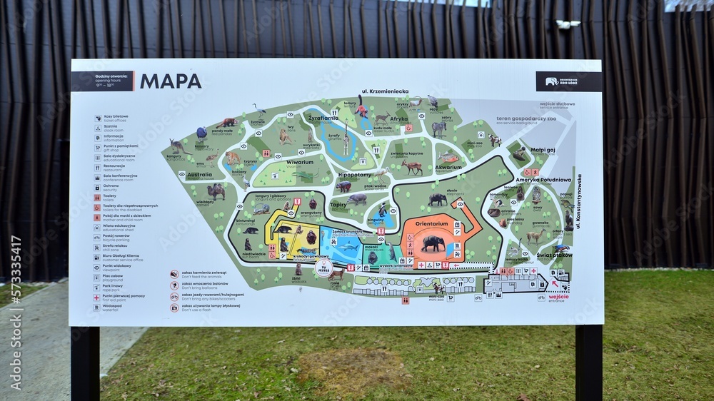 Lodz. Poland. 16 February 2023. Orientarium Zoo Lodz. Map of the zoo