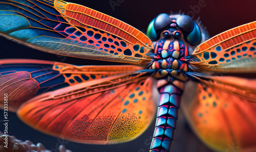 The vivid colors and patterns of a dragonfly's wings up close