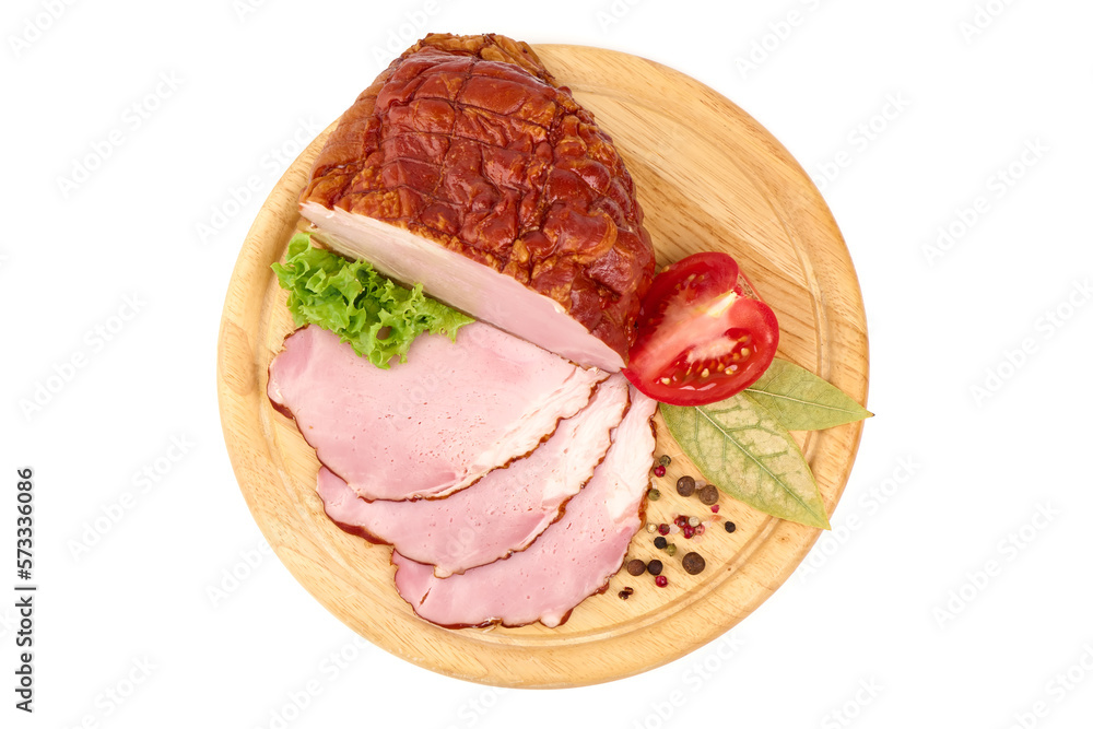 Cold smoked meat with slices, rustic style, isolated on white background.
