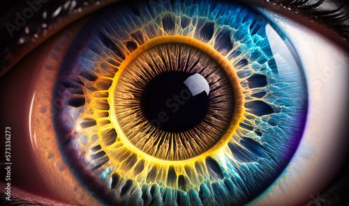 The complex structure of a human eye, showing its colorful iris and intricate pupil