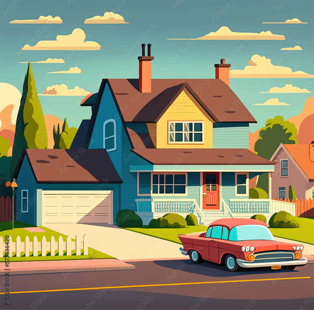 Illustration of an old American house with a classic car from the 50s. Digital illustration with colorful colors and nice lighting. Illustration of an old American house with a classic car from the 50s. Digital illustration with colorful colors and nice lighting.