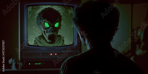 vintage scene of a person from behind watching a fantasy horror movie in the 80s- generative ai
