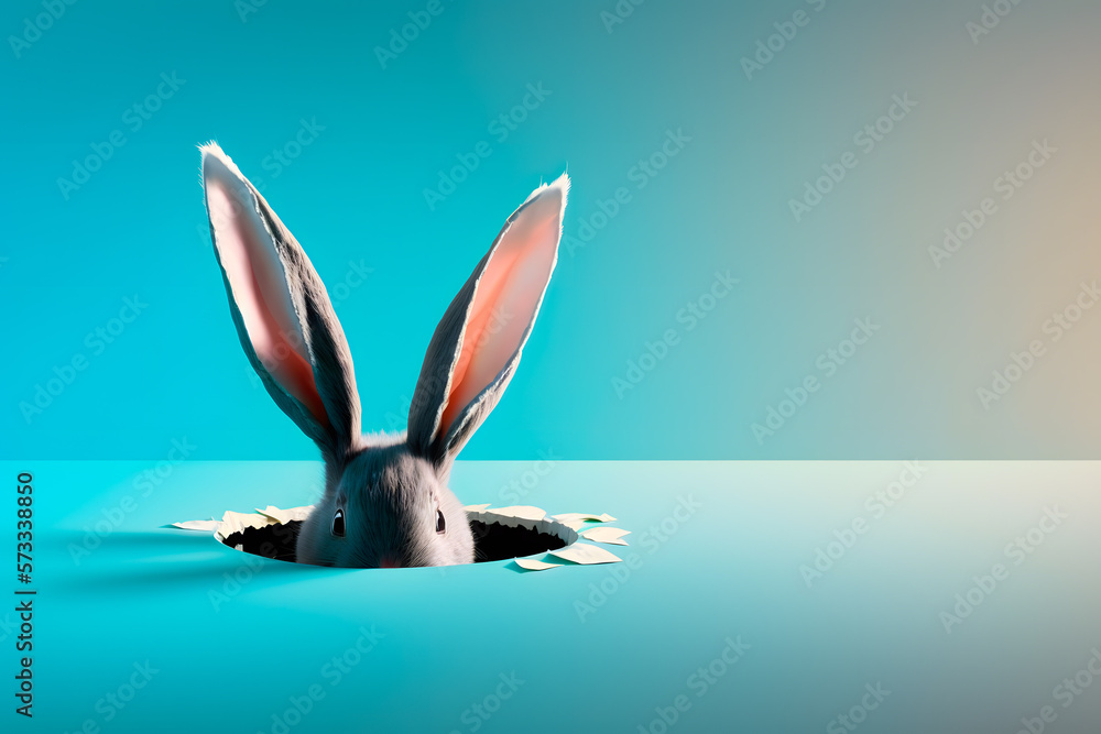 Rabbit's gray head and big ears sticking out of a hole in the floor on a blue background. Minimal Easter concept. Generative AI. Rabbit's gray head and big ears sticking out of a hole in the floor on a blue background. Minimal Easter concept. Generative AI.