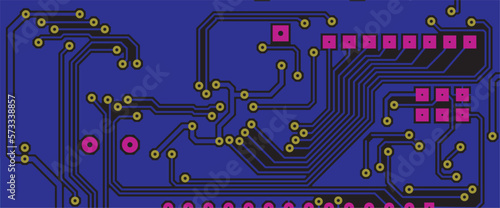 Tracing the conductors of a multilayer 
printed circuit board. Vector drawing of 
printed tracks, transition holes, contact 
pads and metallization areas. 
Electronic circuit board with components