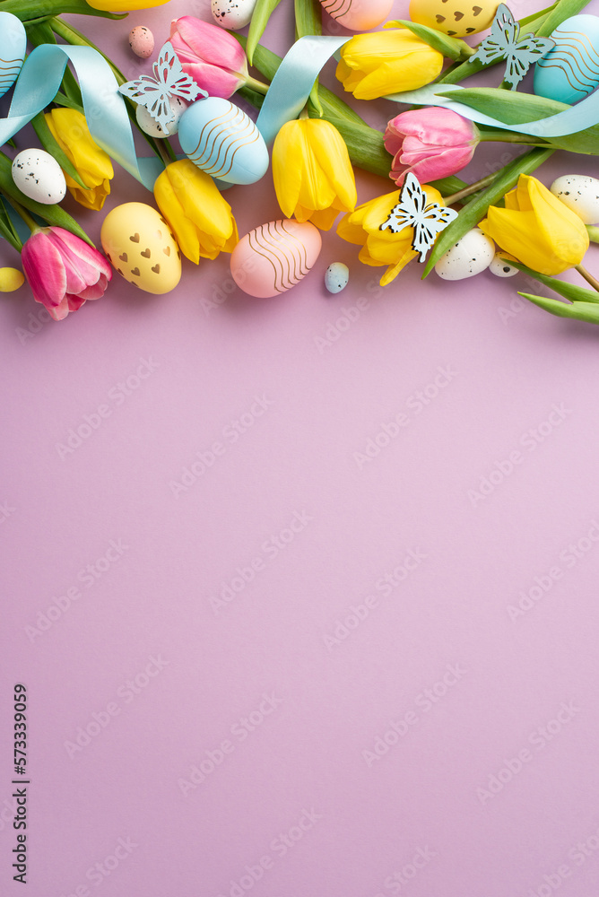Easter concept. Top view vertical photo of flowers yellow pink tulips colorful easter eggs blue ribbon and butterflies on isolated lilac background with blank space