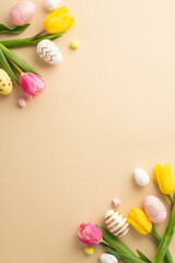 Easter decorations concept. Top view vertical photo of colorful easter eggs yellow and pink tulips on isolated pastel beige background with blank space