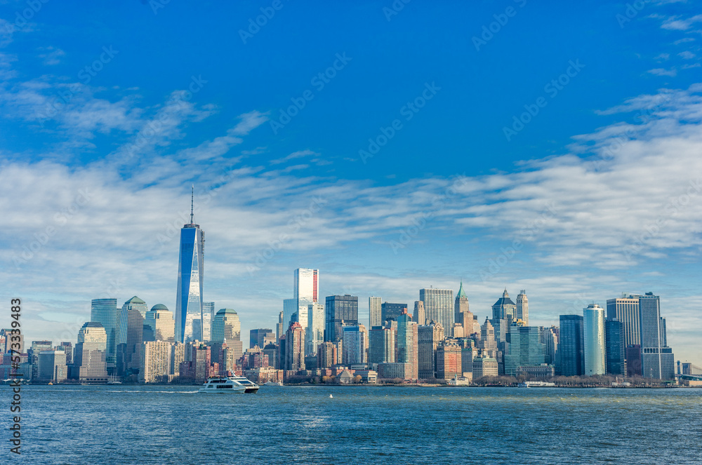 NYC Manhattan Cityscape with Hudson River. Blue Sky. USA