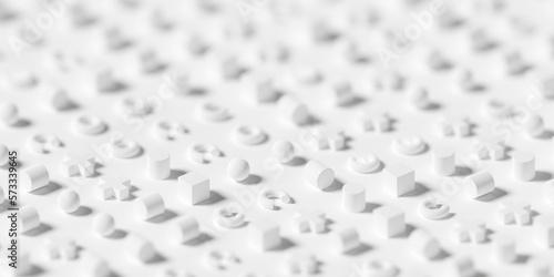 White 3D shapes memphis geometrical primitives pattern on white background with selective focus