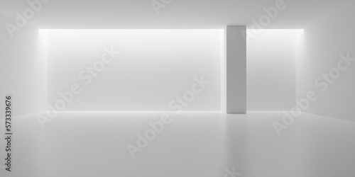 Empty white interior room with light from ceiling opening in the back and single pillar, modern architecture or product presentation template background