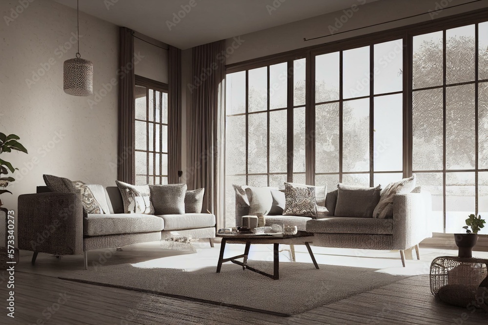 Boho interior design of living room with sofa and rattan armchair , ai ...