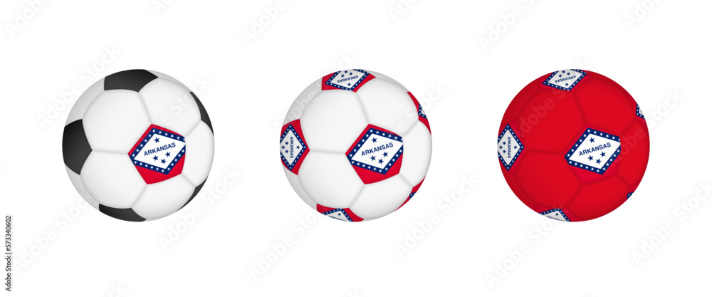Collection football ball with the Arkansas flag. Soccer equipment mockup with flag in three distinct configurations. Collection football ball with the Arkansas flag. Soccer equipment mockup with flag in three distinct configurations.
