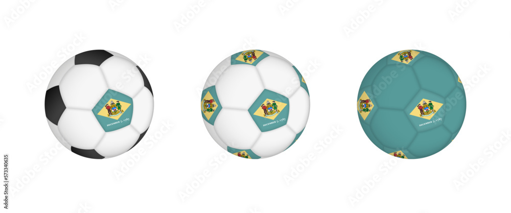 Collection football ball with the Delaware flag. Soccer equipment mockup with flag in three distinct configurations. Collection football ball with the Delaware flag. Soccer equipment mockup with flag in three distinct configurations.