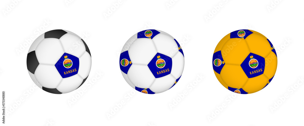 Collection football ball with the Kansas flag. Soccer equipment mockup with flag in three distinct configurations.