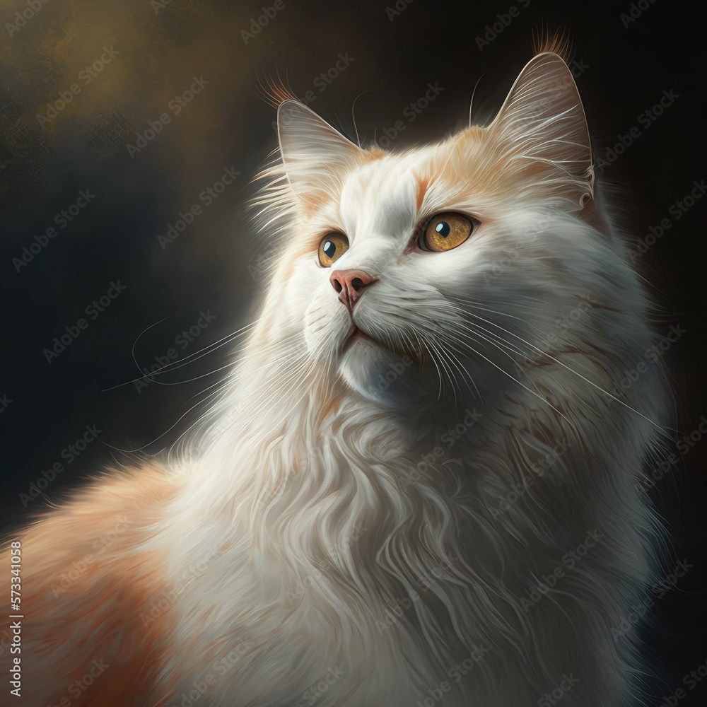 A portrait of a white and red cat on a black background. Created with Generative AI.