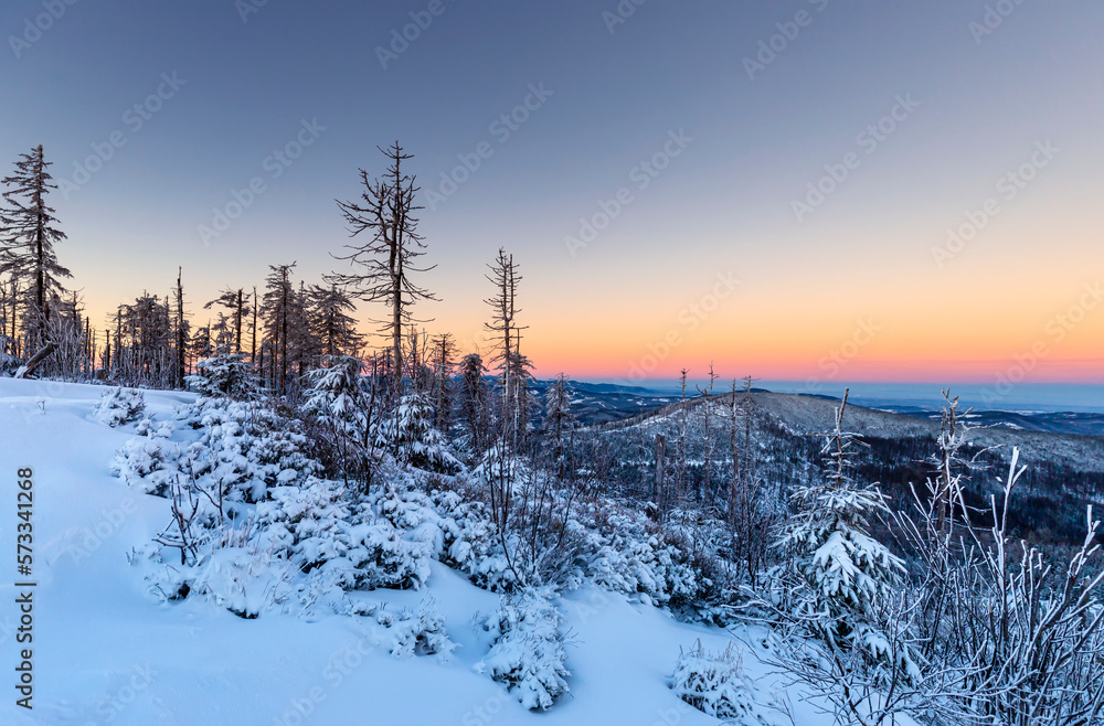 Wschód słońca w górach. Piękny widok. Zimowy krajobraz. Mroźny poranek w górach. Kolorowa panorama polskich gór Beskidów. Krajobrazy zimowe w Polsce. Tło natury.	