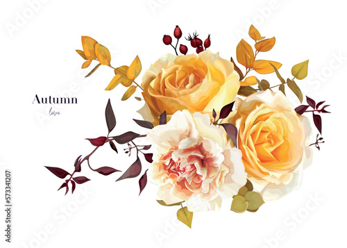 Vector watercolor bouquet. Autumn yellow rose flowers, carnation, orange eucalyptus leaves, burgundy branches editable floral illustration. Fall wedding invitation card, thanksgiving greeting template
