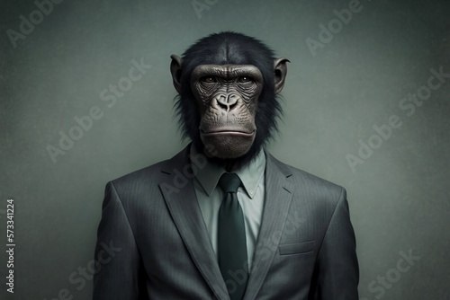 A Bonobo in a Formal Business Suit Against a Grey Background Created by Generative AI Technology