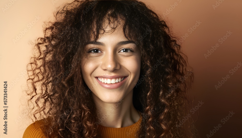 Smiling brunette young woman looking at the camera smiling. Generative AI Smiling brunette young woman looking at the camera smiling. Generative AI