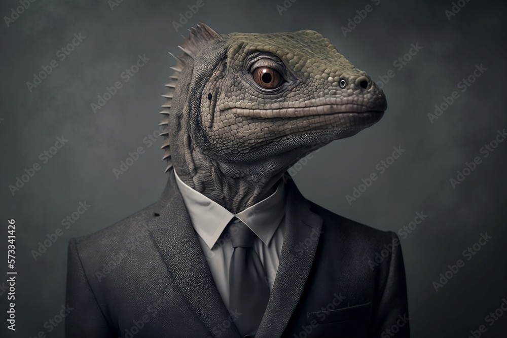  A Lizard in a Formal Business Suit Against a Grey Background Created by Generative AI Technology