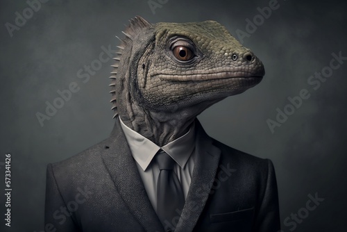  A Lizard in a Formal Business Suit Against a Grey Background Created by Generative AI Technology