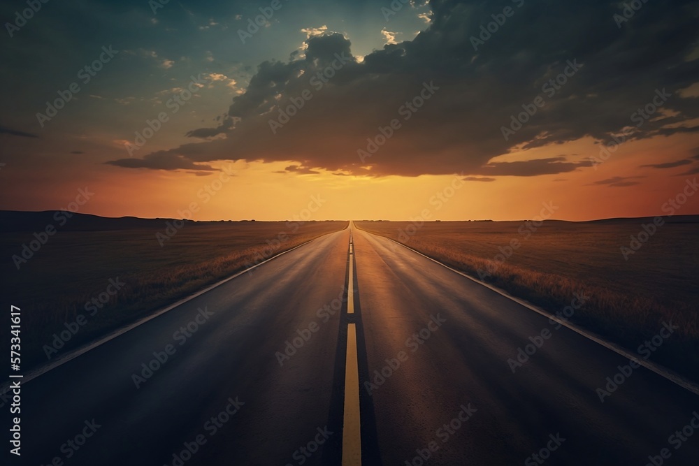 An Empty Highway Straight to the Horizon Under an Evening Sky With Clouds created by Generative AI Technology