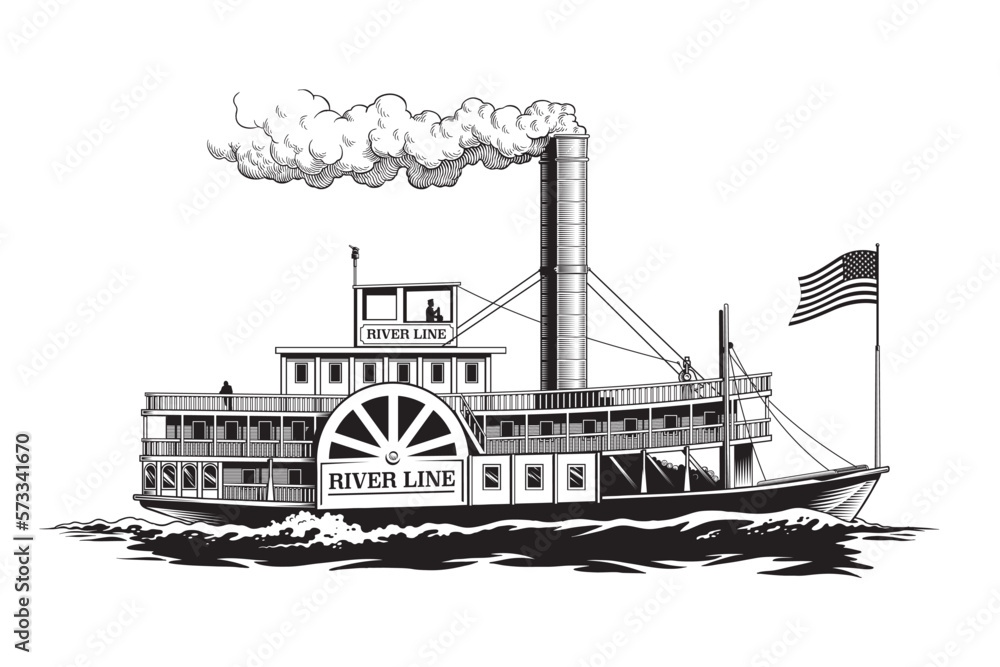 Paddle steamer, wheel passenger steamboat, riverboat or retro paddlewheel ship isolated on white background, engraving style black and white vector illustration