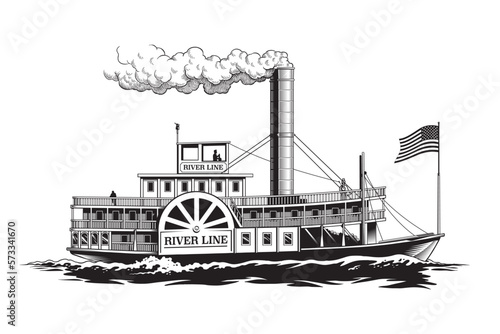 Canvas Print Paddle steamer, wheel passenger steamboat, riverboat or retro paddlewheel ship i