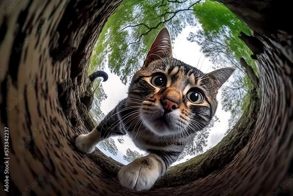 A Cute Cat Falling From a Tree Through a Fisheye Lens Created by Generative AI Technology Stock