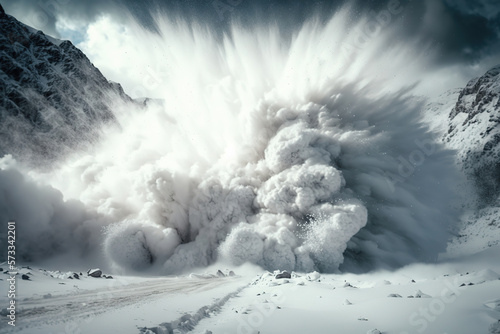Fotografiet The collapse of the snow avalanche in the mountains, a powerful cloud of snow du
